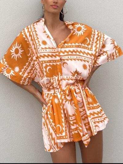 Printed Tie Waist Half Sleeve Romper - Trendsi - Flyclothing LLC