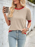 Lovelet Striped Contrast Round Neck Half Sleeve Knit Top - Trendsi - Flyclothing LLC