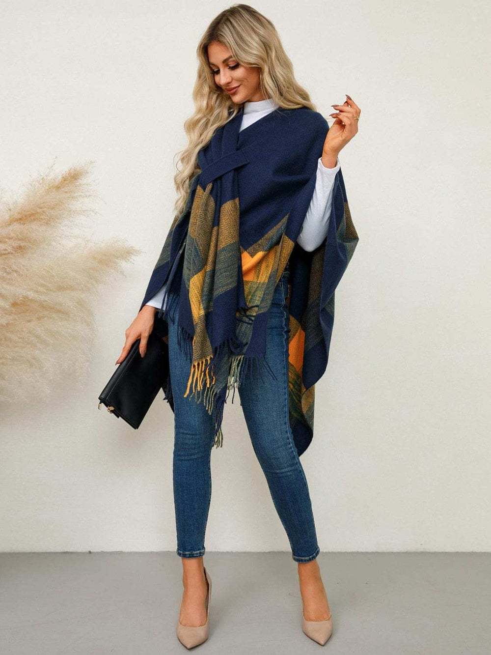 Fringe Contrast Plaid Poncho - Trendsi - Flyclothing LLC
