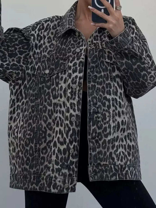 Leopard Button Up Long Sleeve Denim Top - Trendsi - Flyclothing LLC
