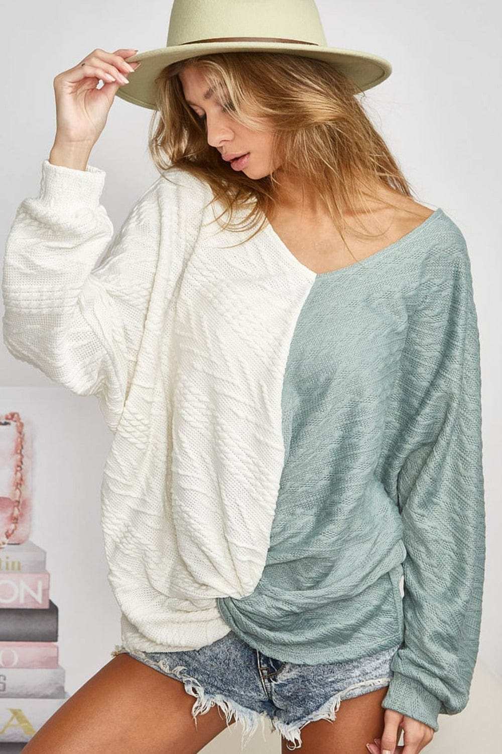 BiBi Twist Front Contrast Cable Knit Top - Trendsi - Flyclothing LLC