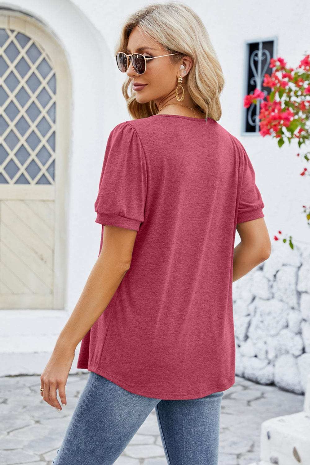 Ruched Scoop Neck Short Sleeve Blouse - Trendsi - Flyclothing LLC