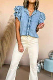 Button Down Raw Hem Ruffled Denim Shirt - Trendsi - Flyclothing LLC