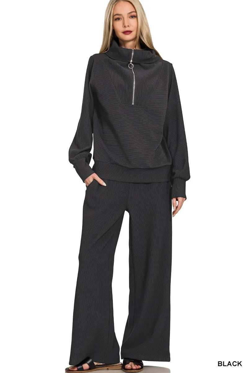 Zenana Ribbed High Neck Half Zip Pullover & Pants Set - Trendsi - Flyclothing LLC