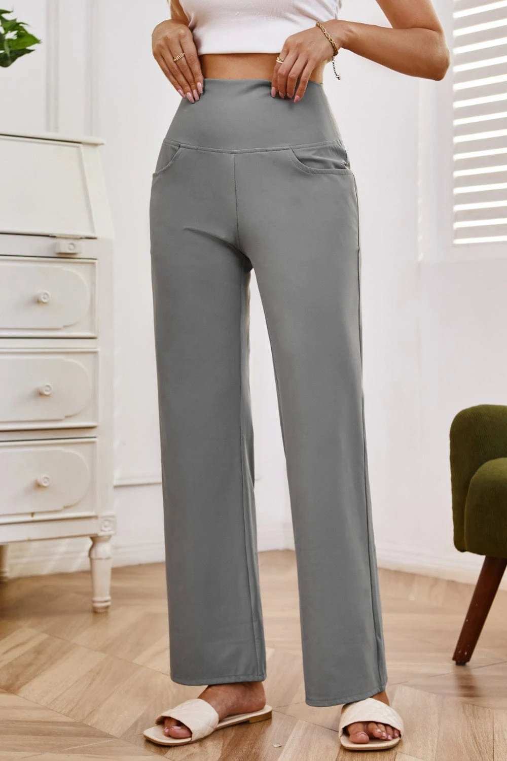 High Waist Wide Leg Pants with Pockets - Trendsi - Flyclothing LLC