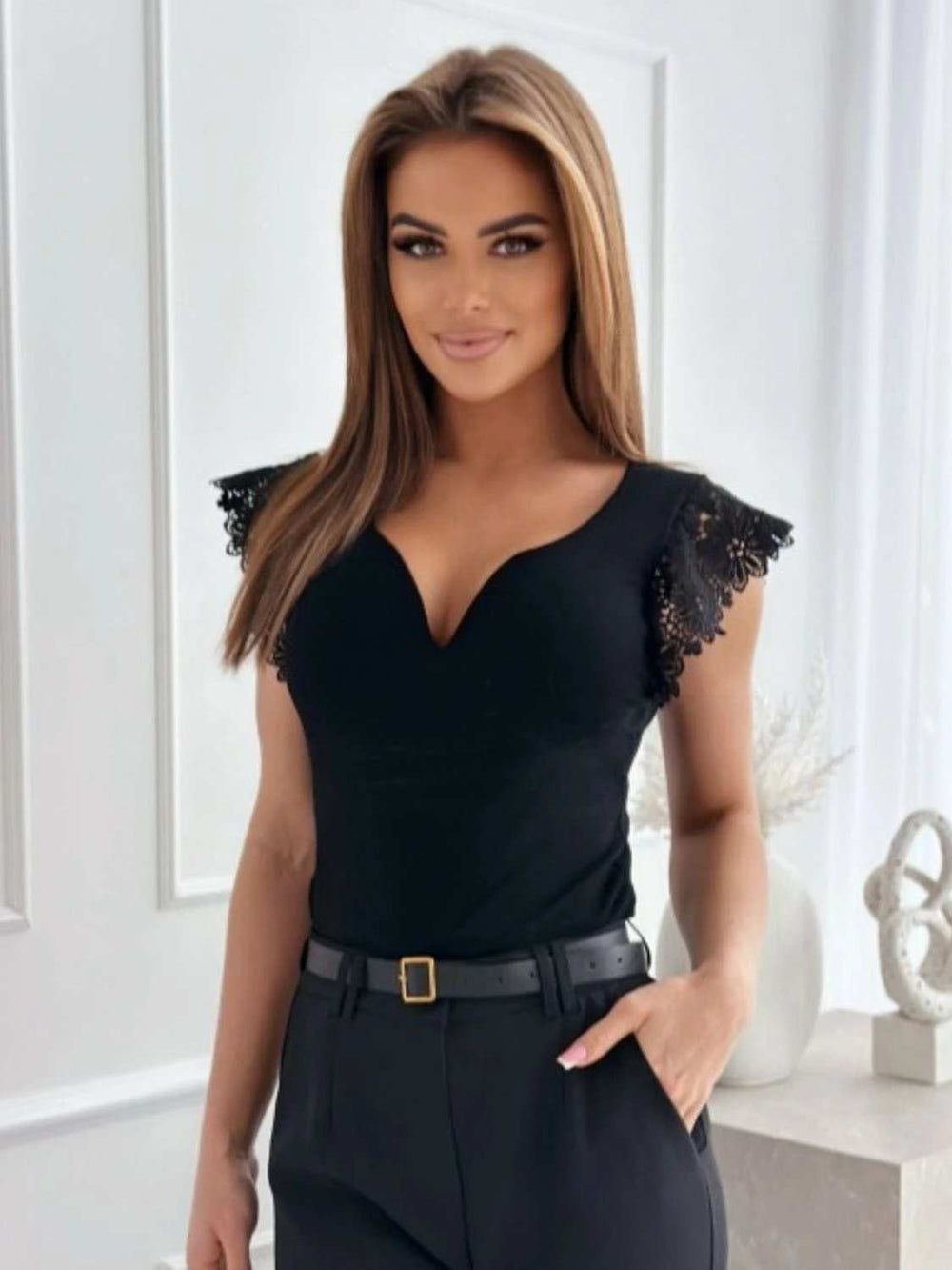 Lace Detail Sweetheart Neck Cap Sleeve T-Shirt - Trendsi - Flyclothing LLC