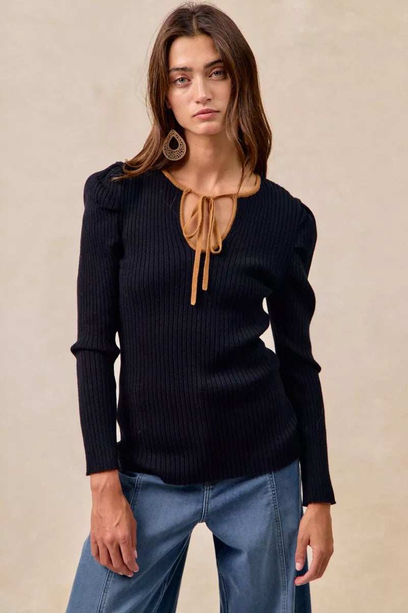 BiBi Ribbed Contrast Front Tied Top with Shrried - Trendsi - Flyclothing LLC