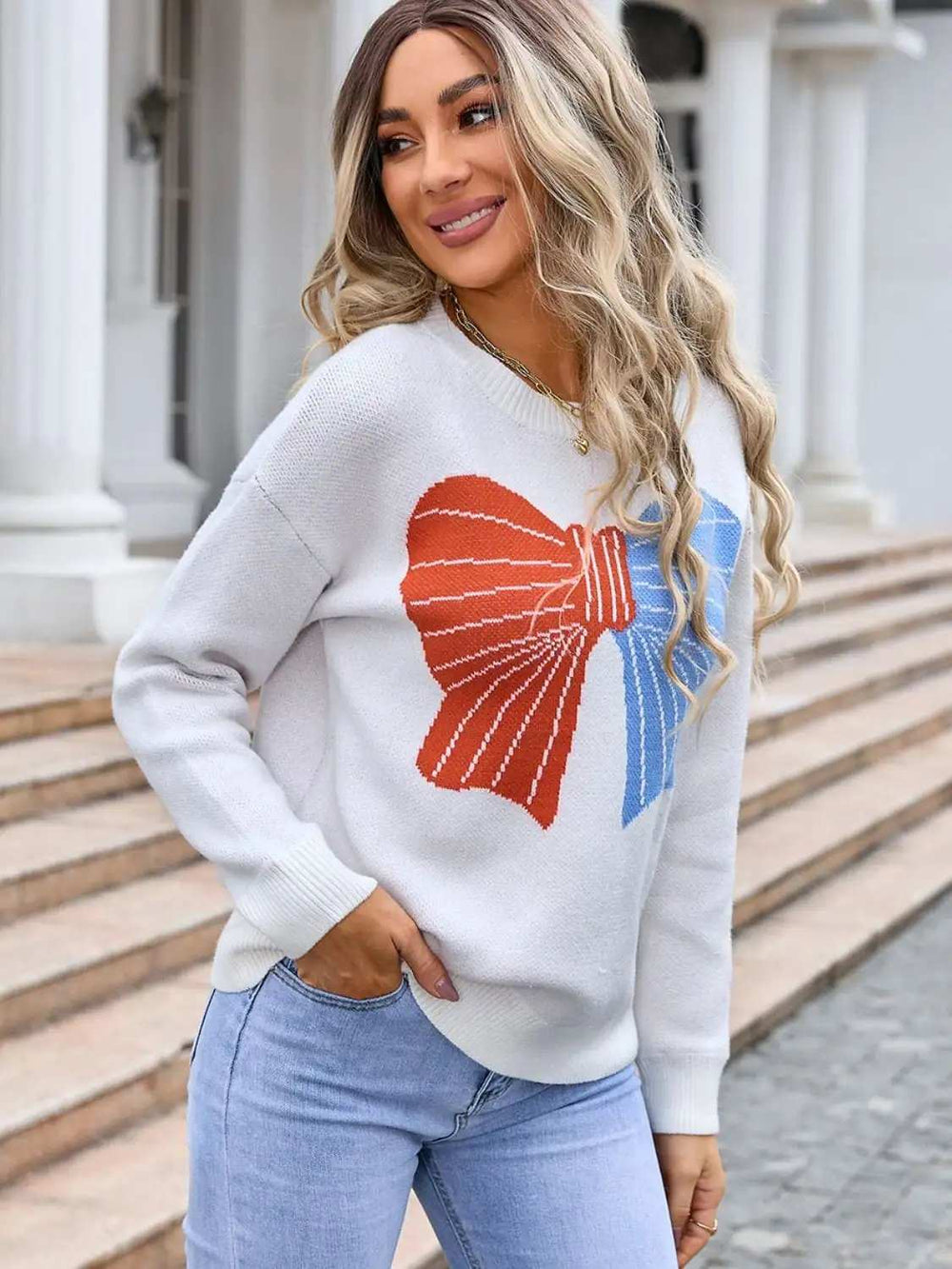 Angel Wings Bow Round Neck Dropped Shoulder Sweater - Trendsi - Flyclothing LLC