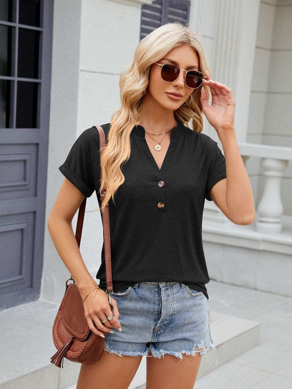 Florira Notched Short Sleeve T-Shirt - Trendsi - Flyclothing LLC