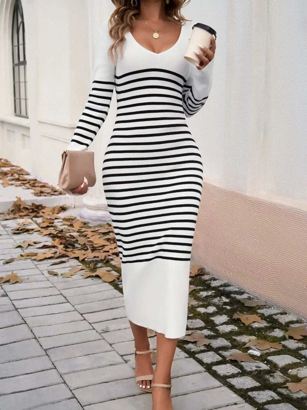 Striped V-Neck Long Sleeve Sweater Dress - Trendsi - Flyclothing LLC