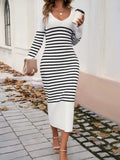Striped V-Neck Long Sleeve Sweater Dress - Trendsi - Flyclothing LLC