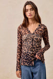 BiBi Leopard Printed Mesh Shirt With Button Up V Neck - Trendsi - Flyclothing LLC