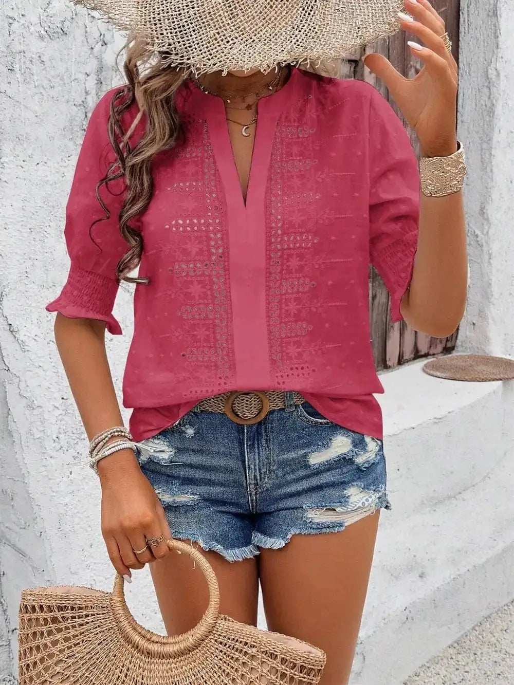 Eyelet Notched Flounce Sleeve Blouse - Trendsi - Flyclothing LLC