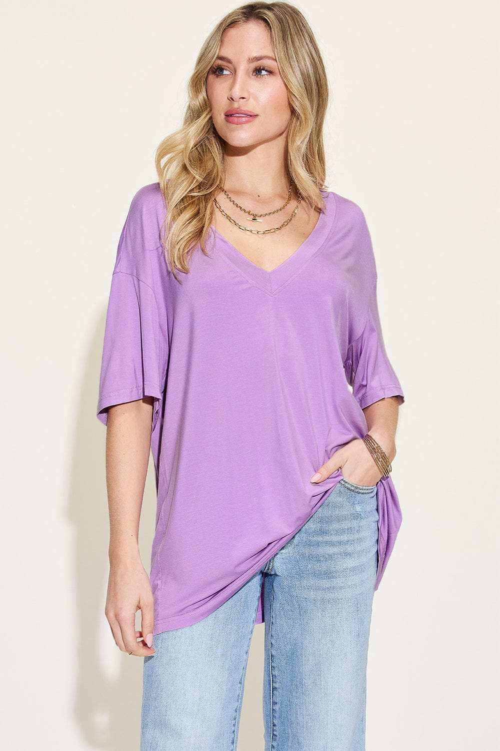 Basic Bae Full Size Bamboo V-Neck Drop Shoulder T-Shirt - Trendsi - Flyclothing LLC