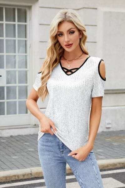 Sequin Crisscross V-Neck Cold Shoulder Blouse - Trendsi - Flyclothing LLC
