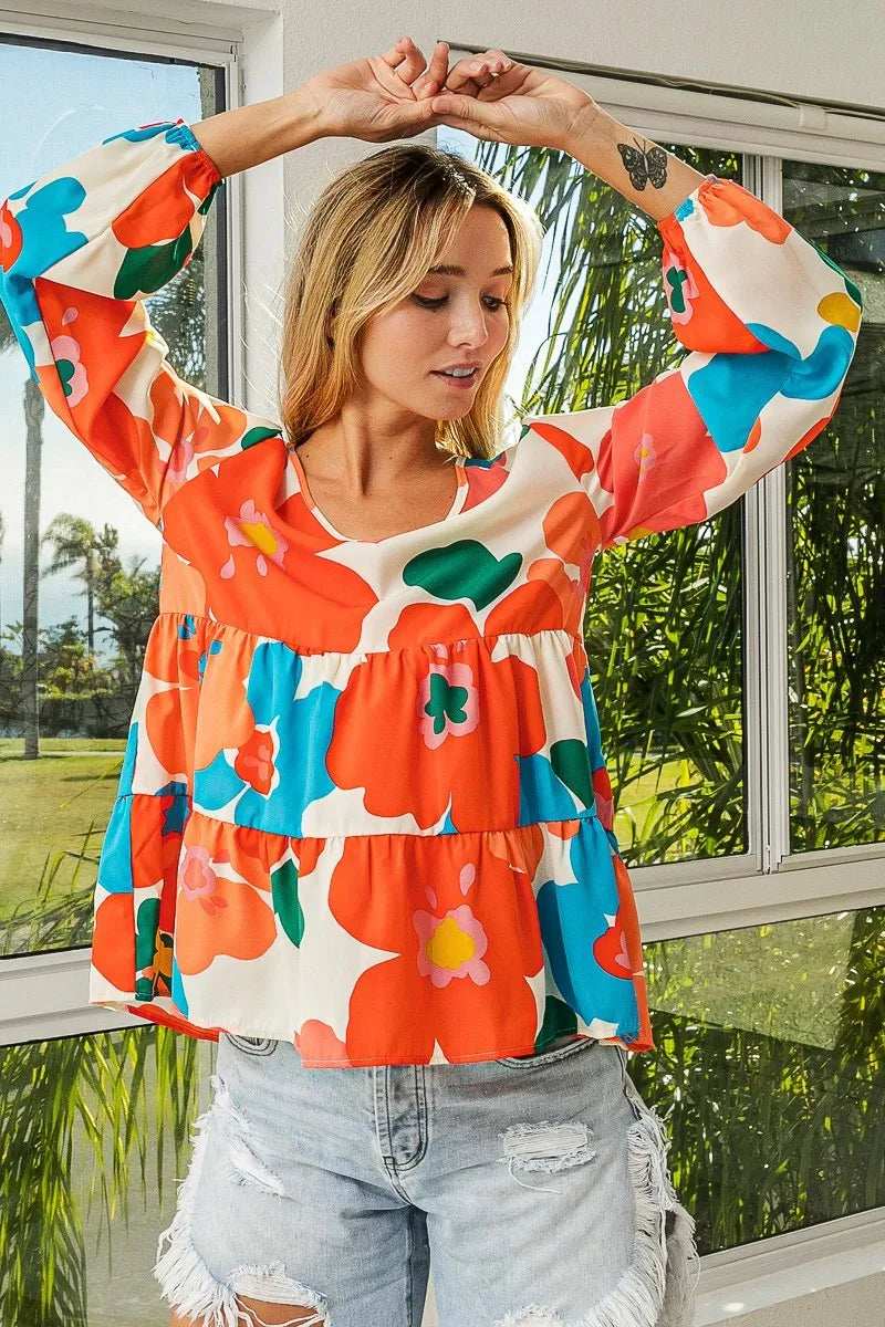 BiBi Floral Woven Tiered V Neck Top - Trendsi - Flyclothing LLC