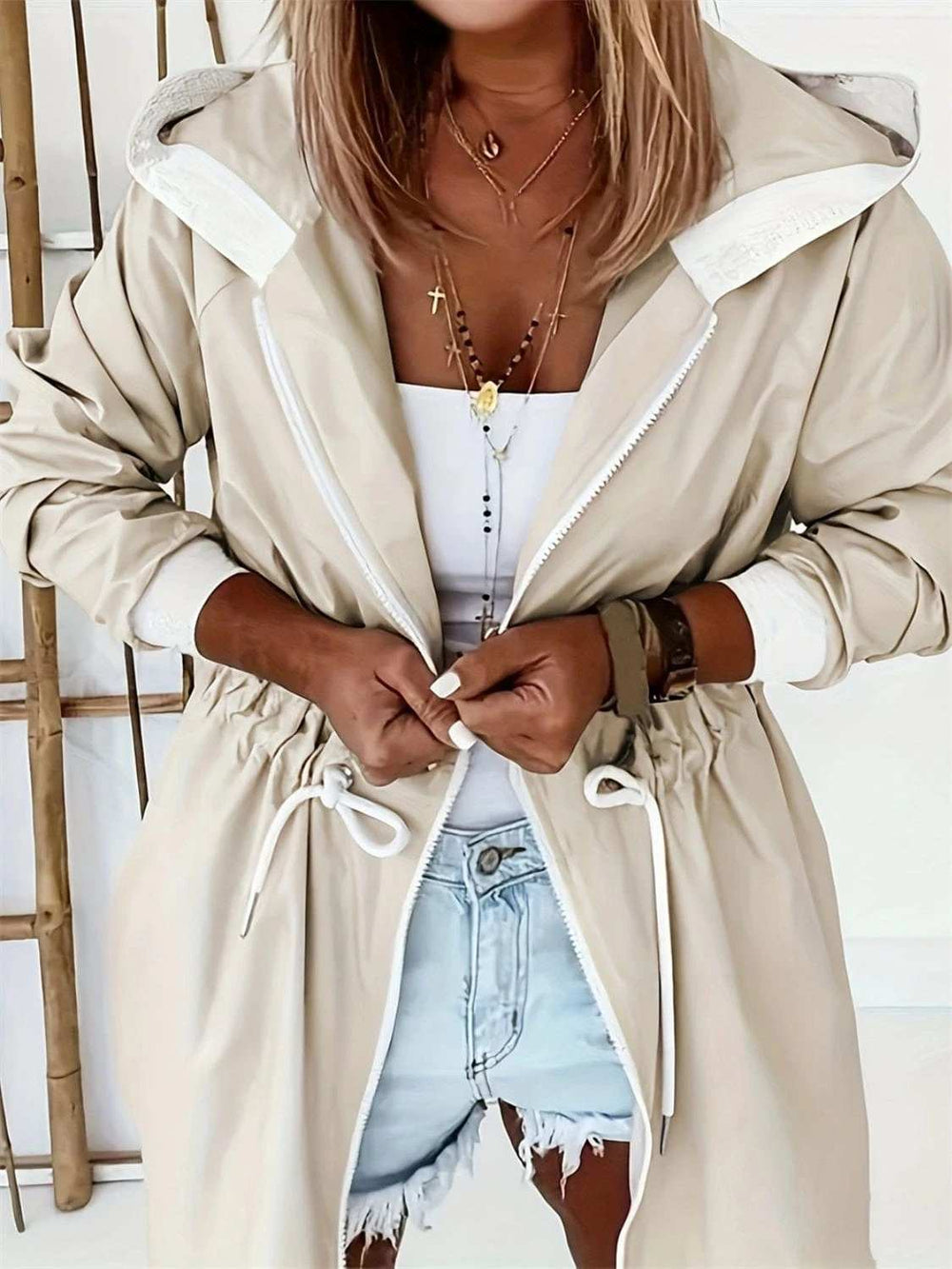 Drawstring Long Sleeve Hooded Trench Coat - Trendsi - Flyclothing LLC