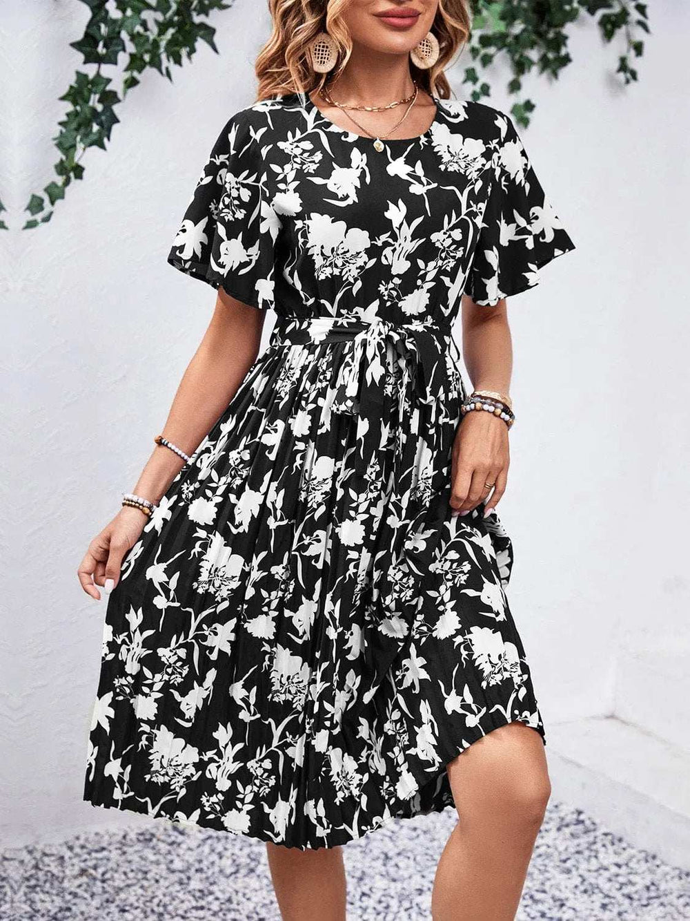 Printed Round Neck Short Sleeve Dress - Trendsi - Flyclothing LLC