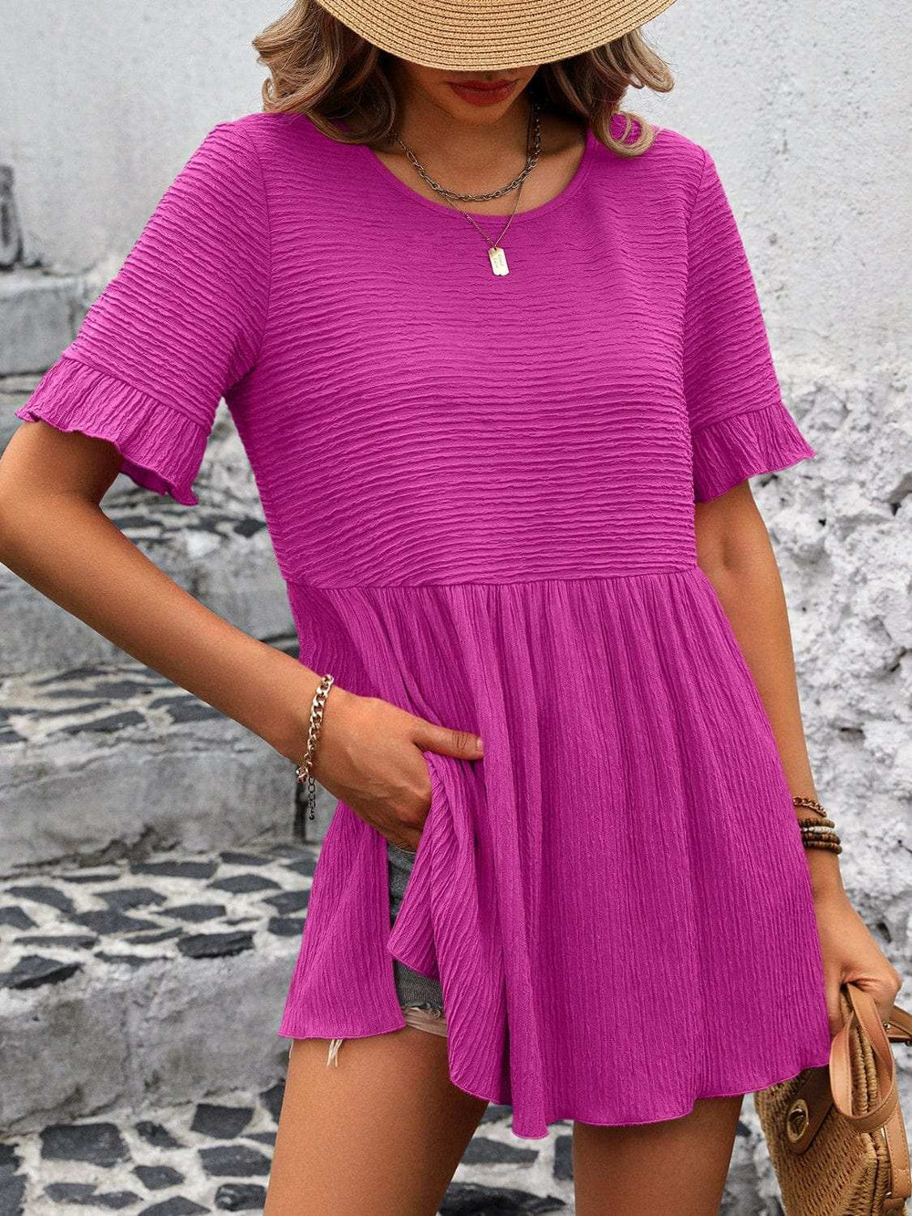 Round Neck Short Sleeve Blouse - Trendsi - Flyclothing LLC