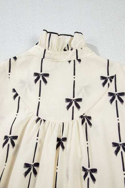 Frill Bow Print Notched Short Sleeve Mini Dress - Trendsi - Flyclothing LLC