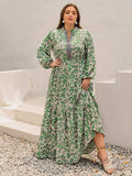 Plus Size Printed Notched Long Sleeve Maxi Dress - Trendsi - Flyclothing LLC