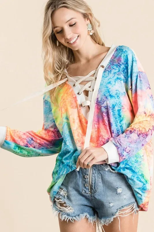 BiBi Tie Dye Deep V-neck Top With Lace Up Front - Trendsi - Flyclothing LLC