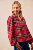 BiBi Christmas Plaid Balloon Sleeves Ruffled V-Neck Top - Trendsi - Flyclothing LLC