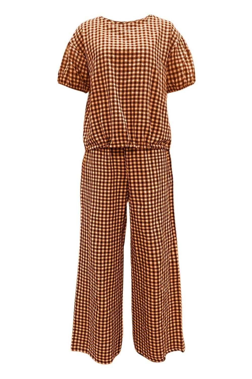 Full Size Plaid Round Neck Half Sleeve Top and Pants Set - Trendsi - Flyclothing LLC