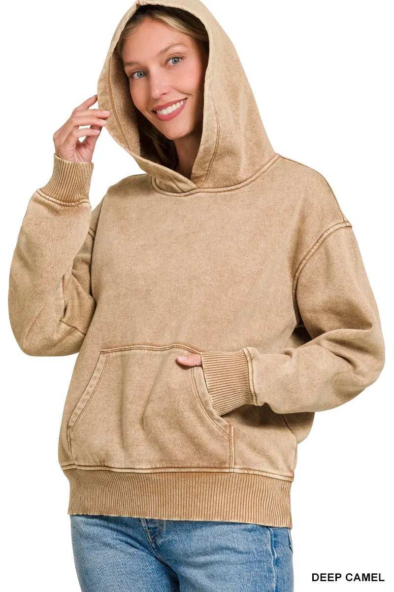 Zenana Fleece Acid Wash Kangaroo Pocket Hoodie - Trendsi - Flyclothing LLC