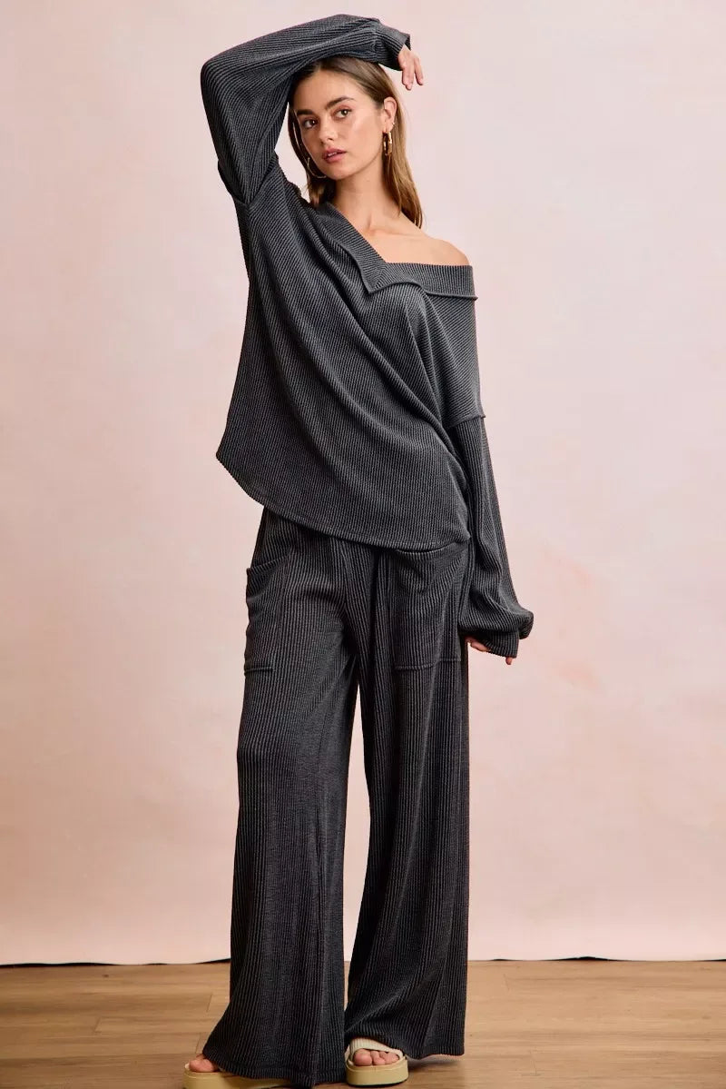 BiBi Two Tone Cord Rib Contrast Stitching V-Neck Top and Pants Set - Trendsi - Flyclothing LLC