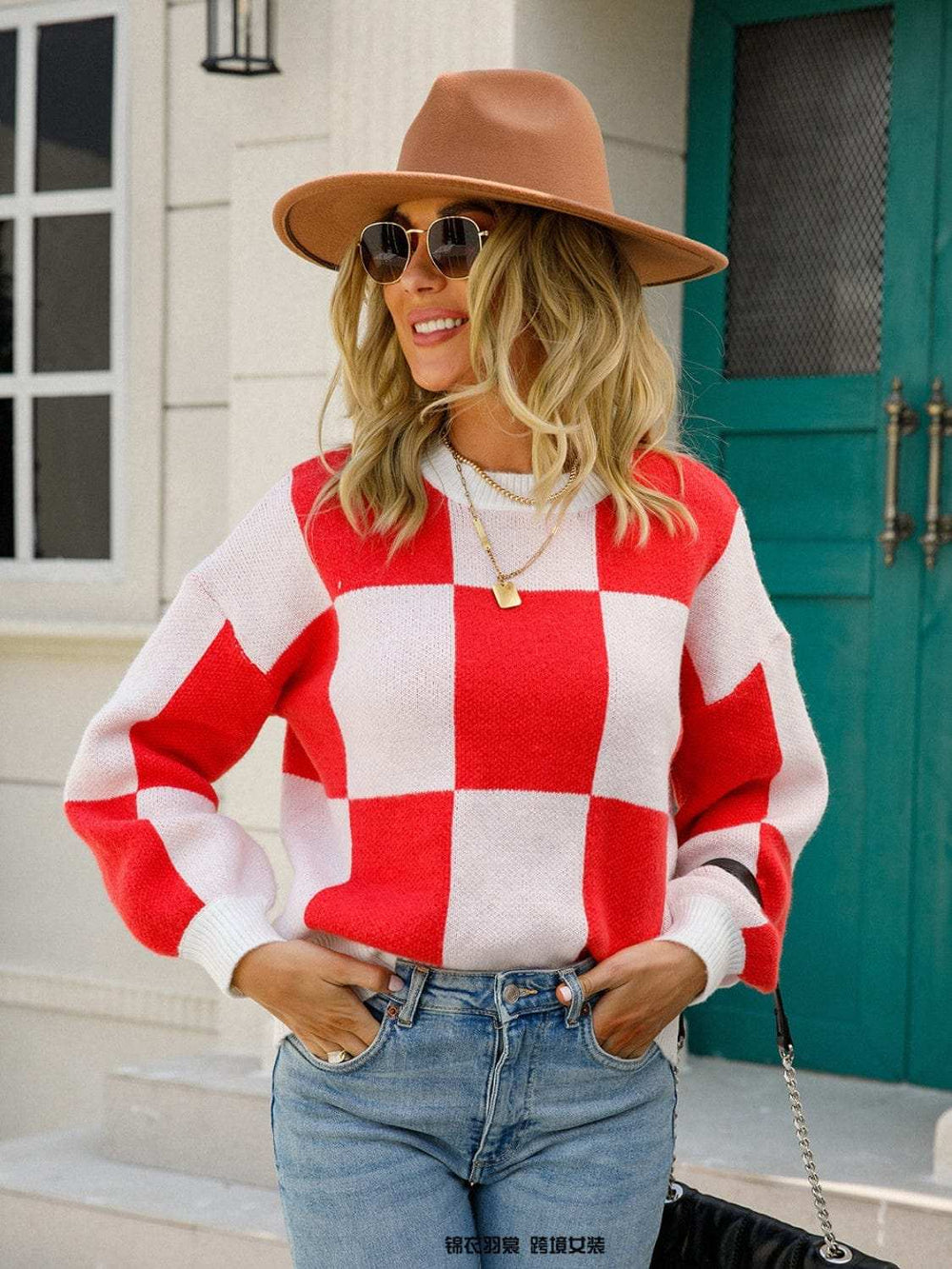 Angel Wings Checkered Round Neck Dropped Shoulder Sweater - Trendsi - Flyclothing LLC