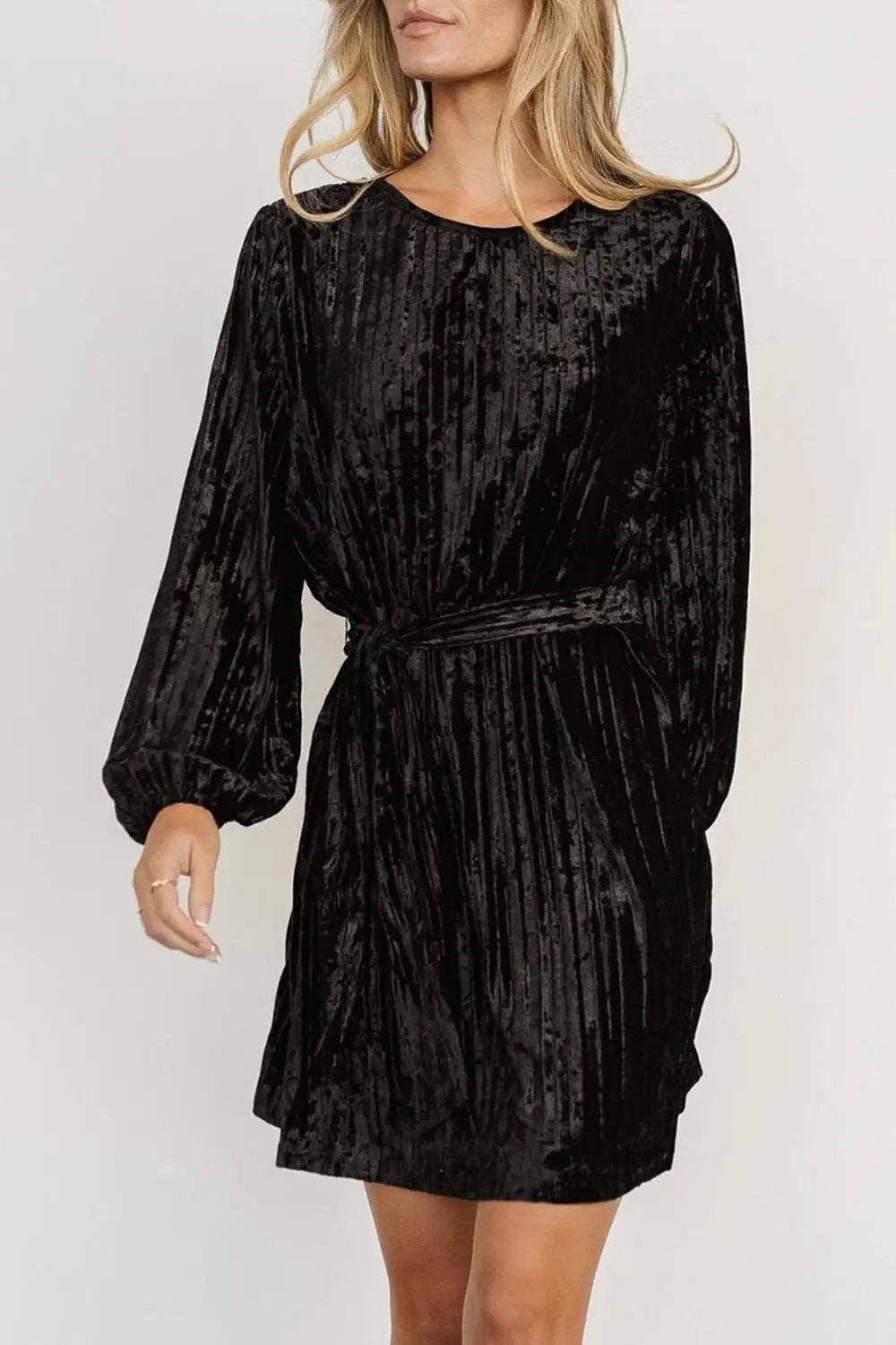 Velvet Round Neck Tie Waist Long Sleeve Mini Dress - Trendsi - Flyclothing LLC