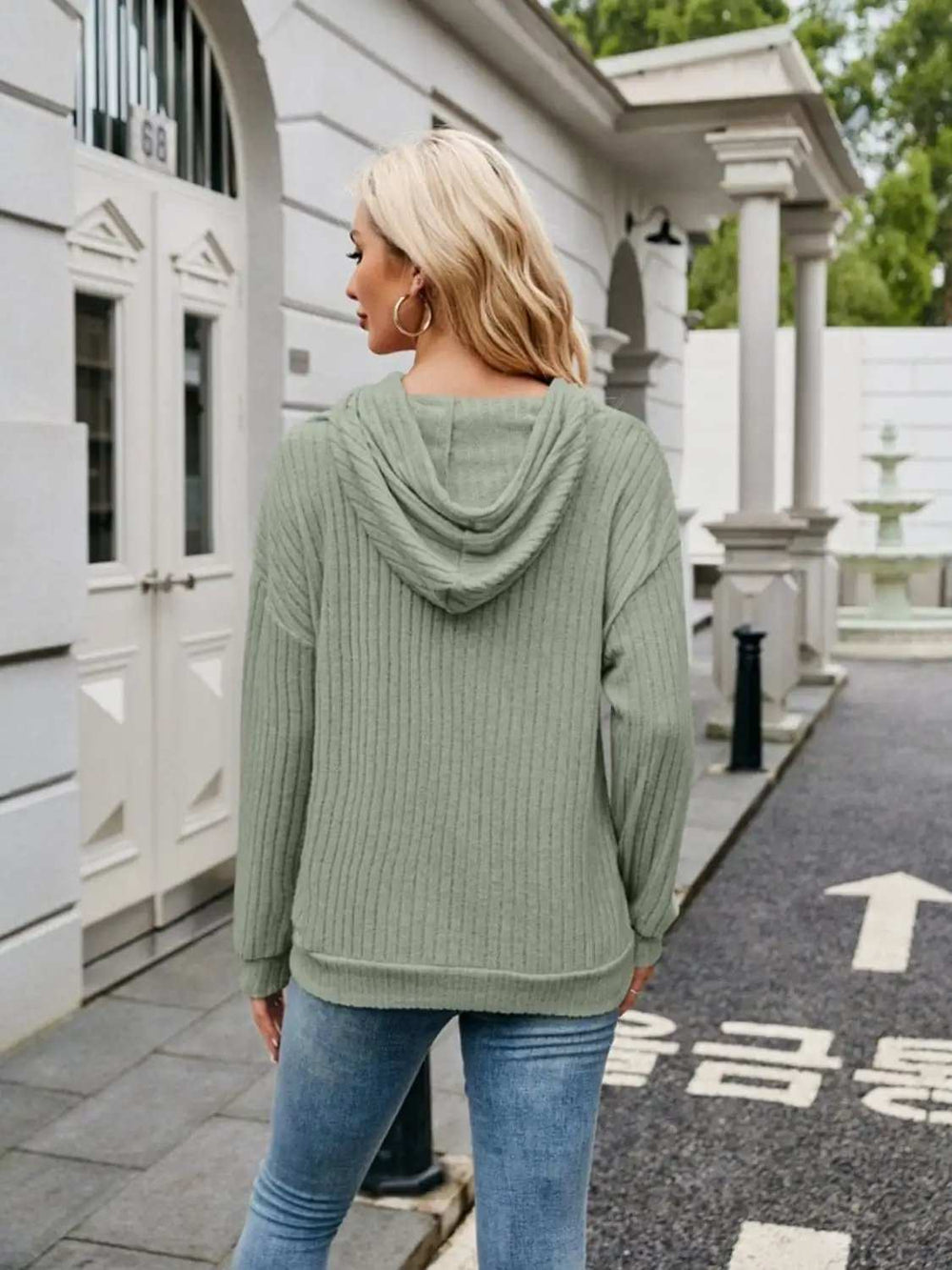 Ribbed Drawstring Long Sleeve Hoodie - Trendsi - Flyclothing LLC