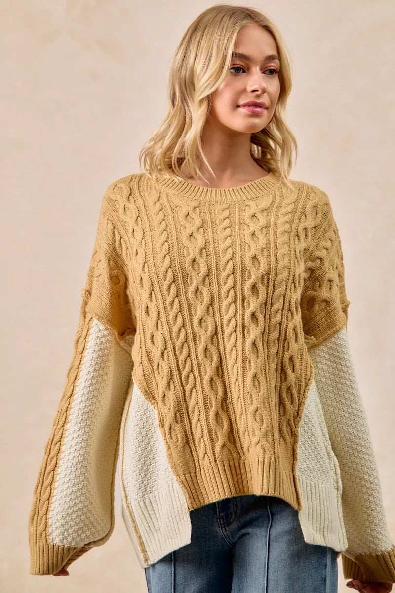 BiBi Cable Knit With Hacci Combo Sweater With Uneven Hem Detail - Trendsi - Flyclothing LLC
