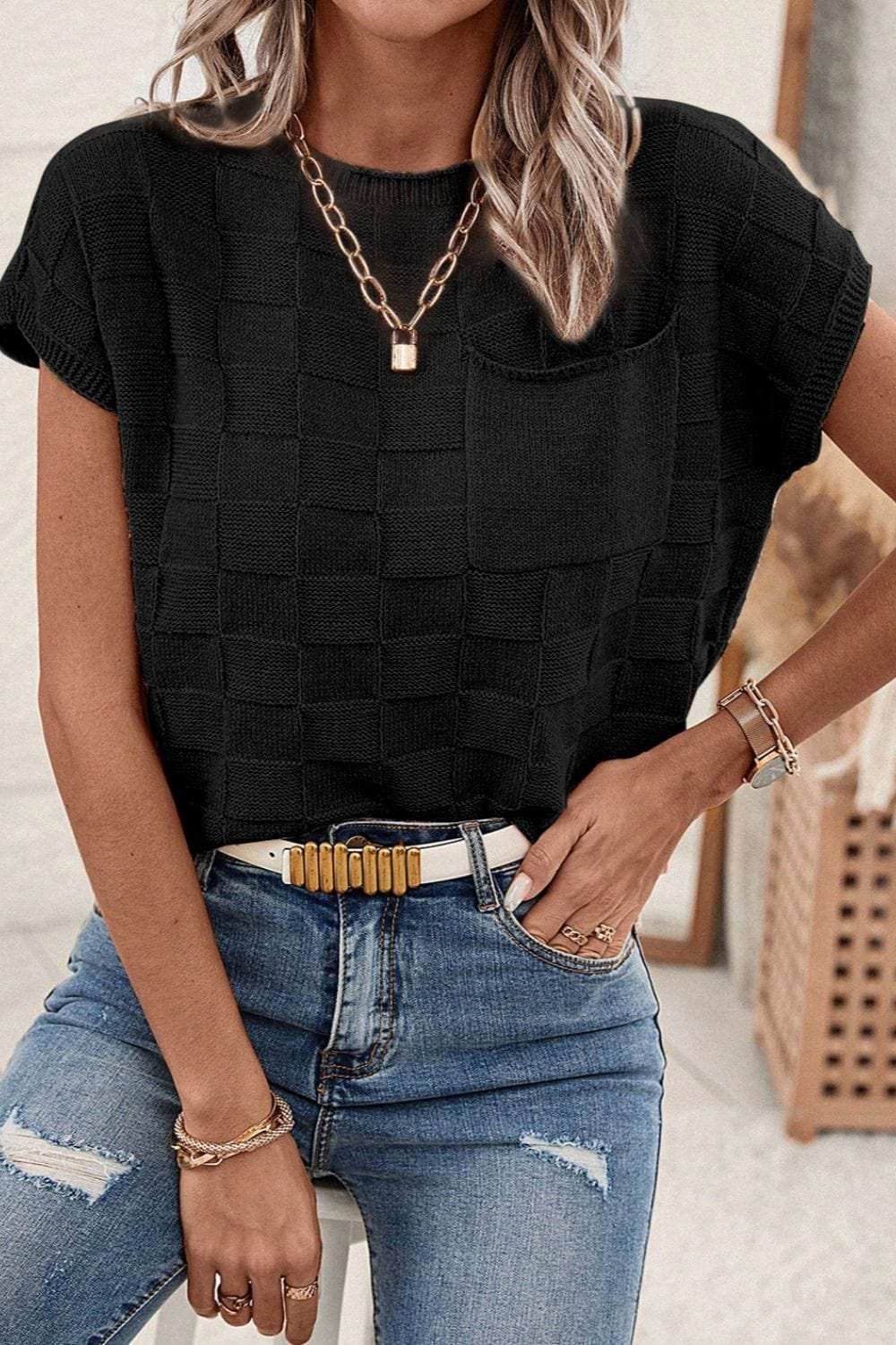 Pocketed Checkered Round Neck Knit Top - Trendsi - Flyclothing LLC