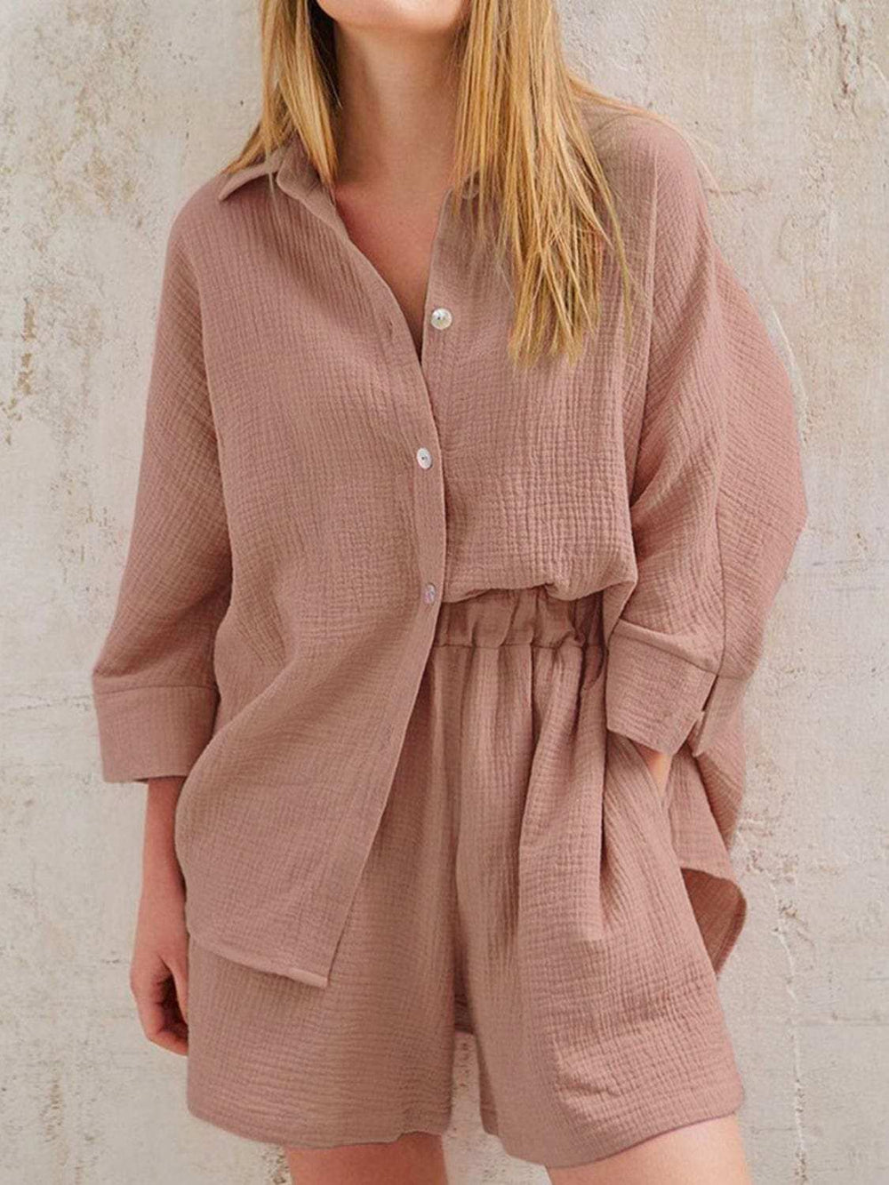 Texture Button Up Shirt and Shorts Set - Trendsi - Flyclothing LLC