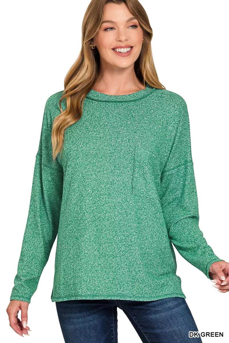 Zenana Soft Melange Hacci Round-Neck Long Sleeve T-Shirt - Trendsi - Flyclothing LLC