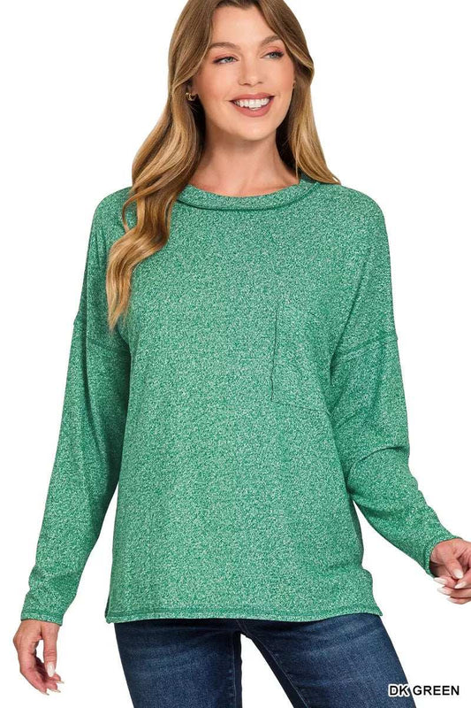 Zenana Soft Melange Hacci Round-Neck Long Sleeve T-Shirt - Trendsi - Flyclothing LLC