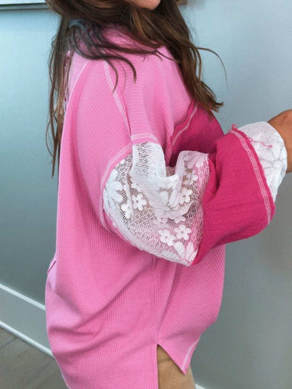 Lace Patchwork Sleeve Stitching V Neck Top - Trendsi - Flyclothing LLC