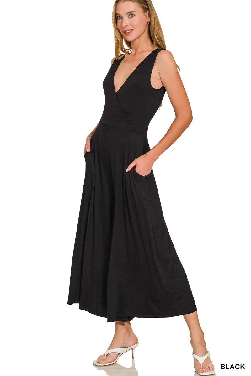 Zenana Surplice Neckline Sleeveless Jumpsuit - Trendsi - Flyclothing LLC