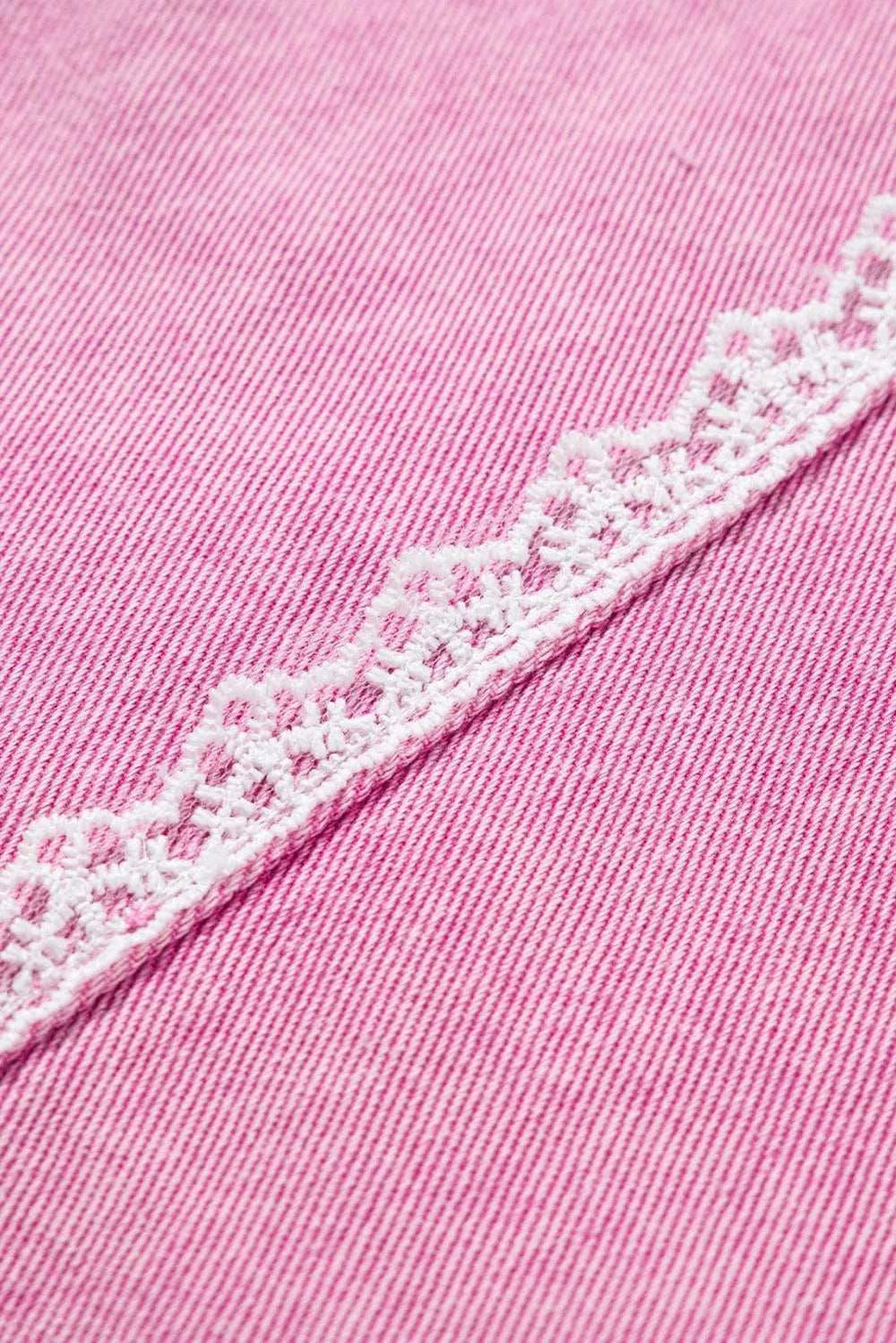 Lace Detail Distressed Raw Hem Long Sleeve Denim Jacket - Trendsi - Flyclothing LLC