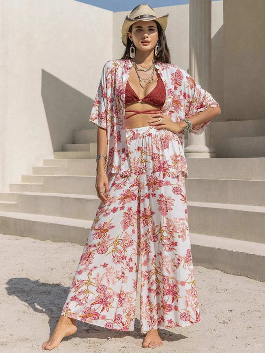 Printed Open Front Half Sleeve Top and Pants Set - Trendsi - Flyclothing LLC