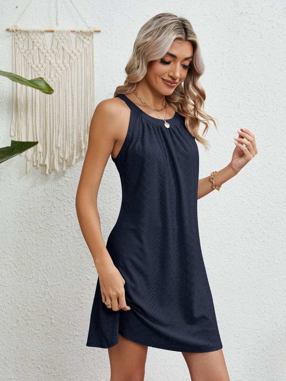 Eyelet Grecian Neck Mini Dress - Trendsi - Flyclothing LLC