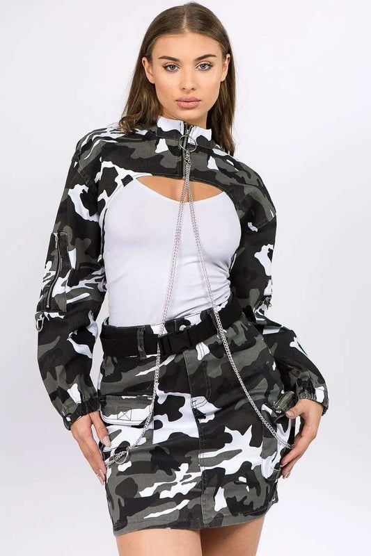 American Bazi Camouflage Cropped Jacket with Chains - Trendsi - Flyclothing LLC