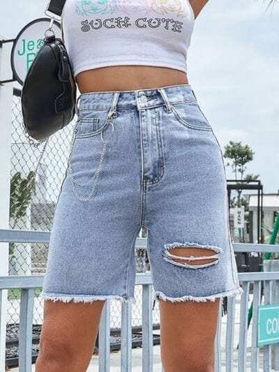 Distressed Raw Hem Denim Shorts - Trendsi - Flyclothing LLC