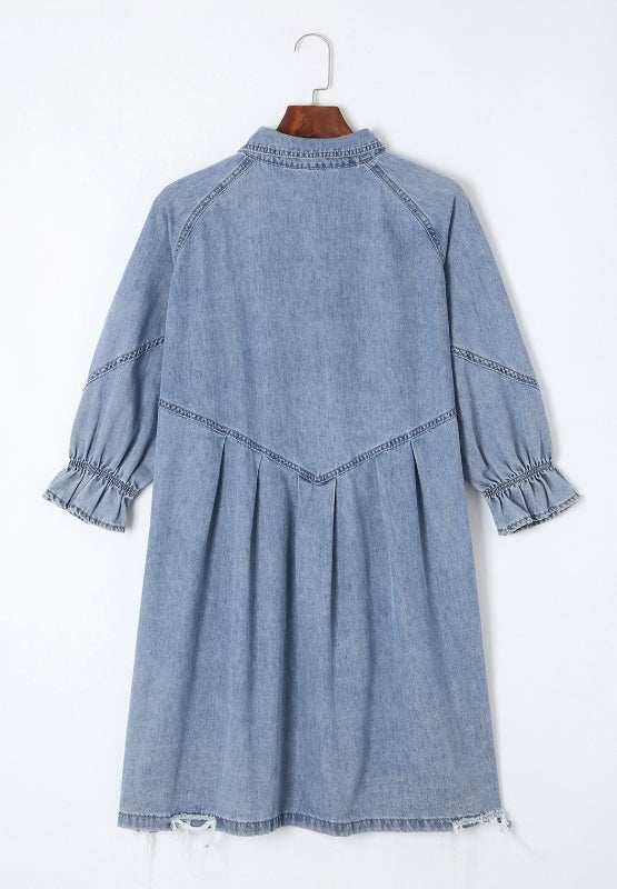 Distressed Collared Neck Flounce Sleeve Denim Dress - Trendsi - Flyclothing LLC