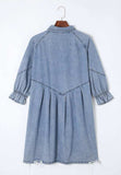 Distressed Collared Neck Flounce Sleeve Denim Dress - Trendsi - Flyclothing LLC