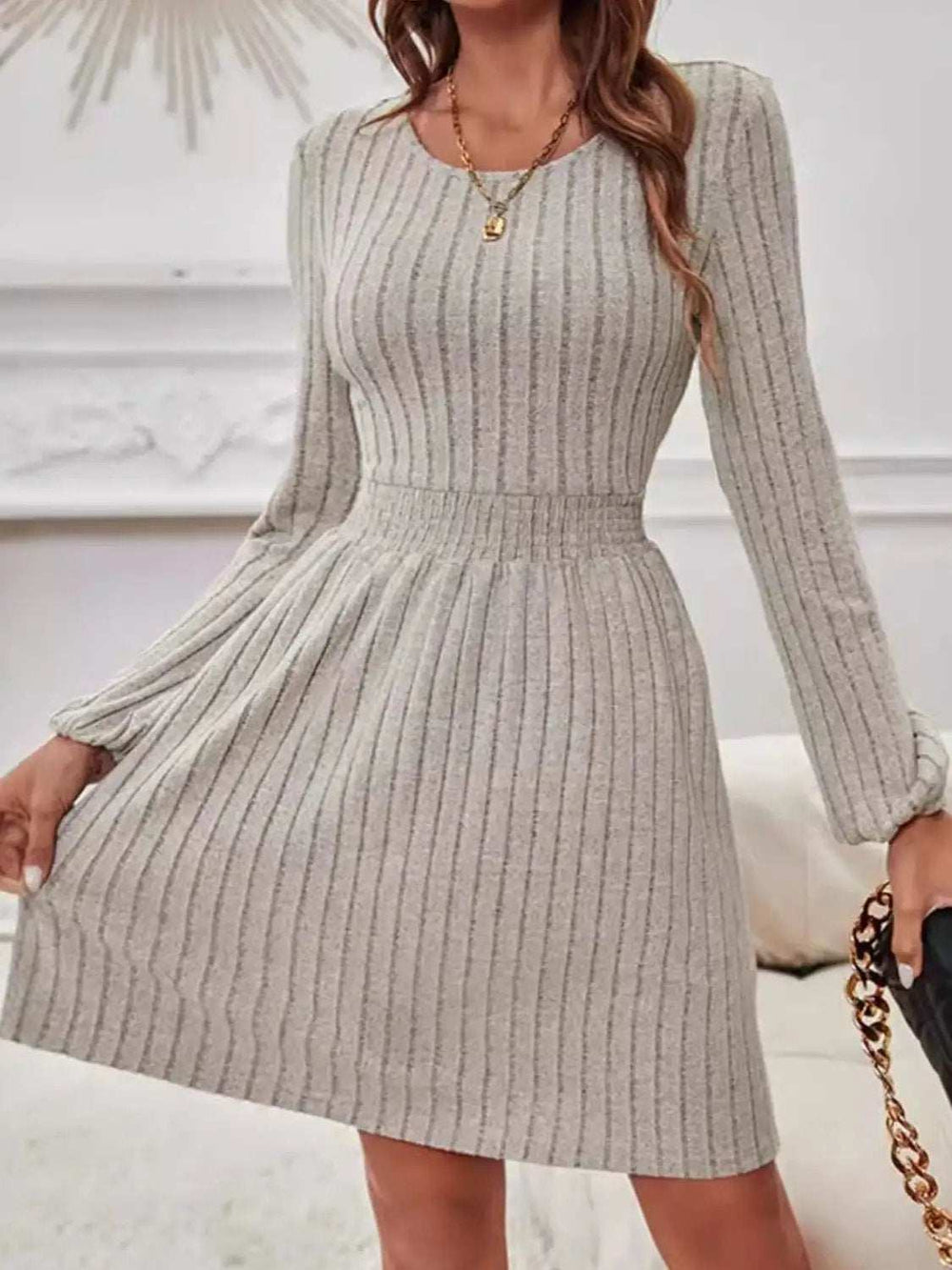 Smocked Round Neck Long Sleeve Knee Length Dress - Trendsi - Flyclothing LLC