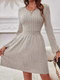 Smocked Round Neck Long Sleeve Knee Length Dress - Trendsi - Flyclothing LLC