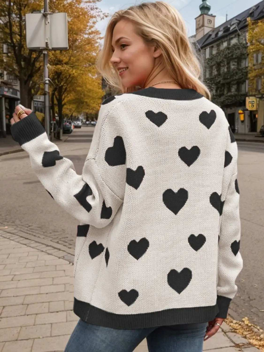 Heart Button Up Dropped Shoulder Long Sleeve Cardigan - Trendsi - Flyclothing LLC